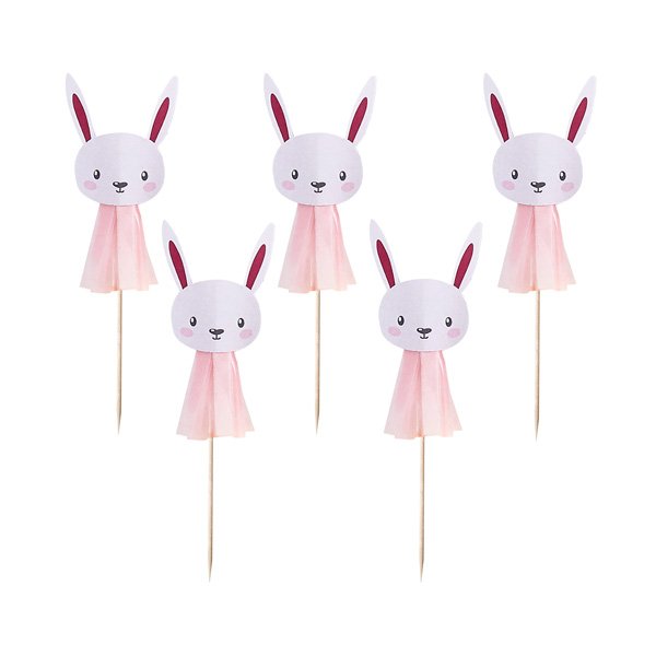 Pink Card Bunny Tassel Cake Picks - Pack of 6