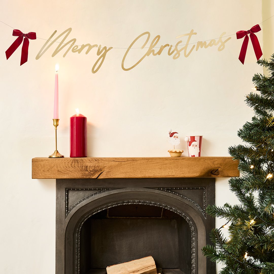 Gold 'Merry Christmas' Card Banner With Velvet Bows 2m