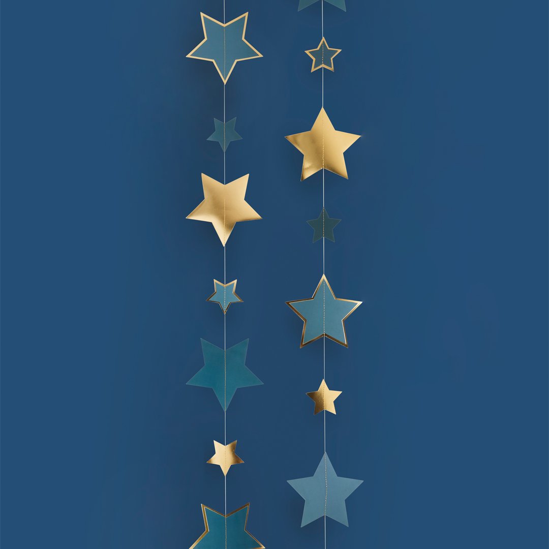 Gold & Teal Trailing Star Hanging Decorations 5m