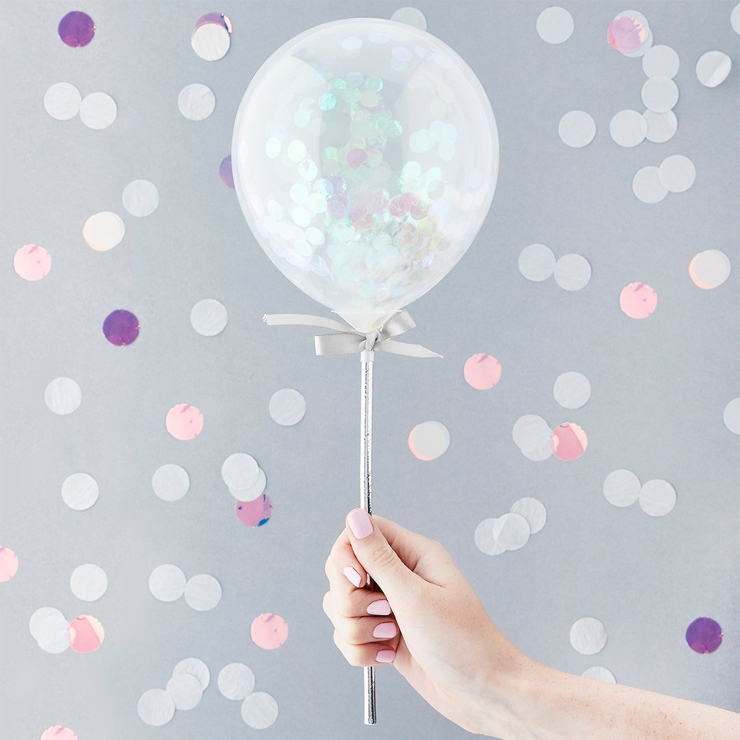 Iridescent Mini Confetti 5" Latex Balloons Wands - Pack of 5